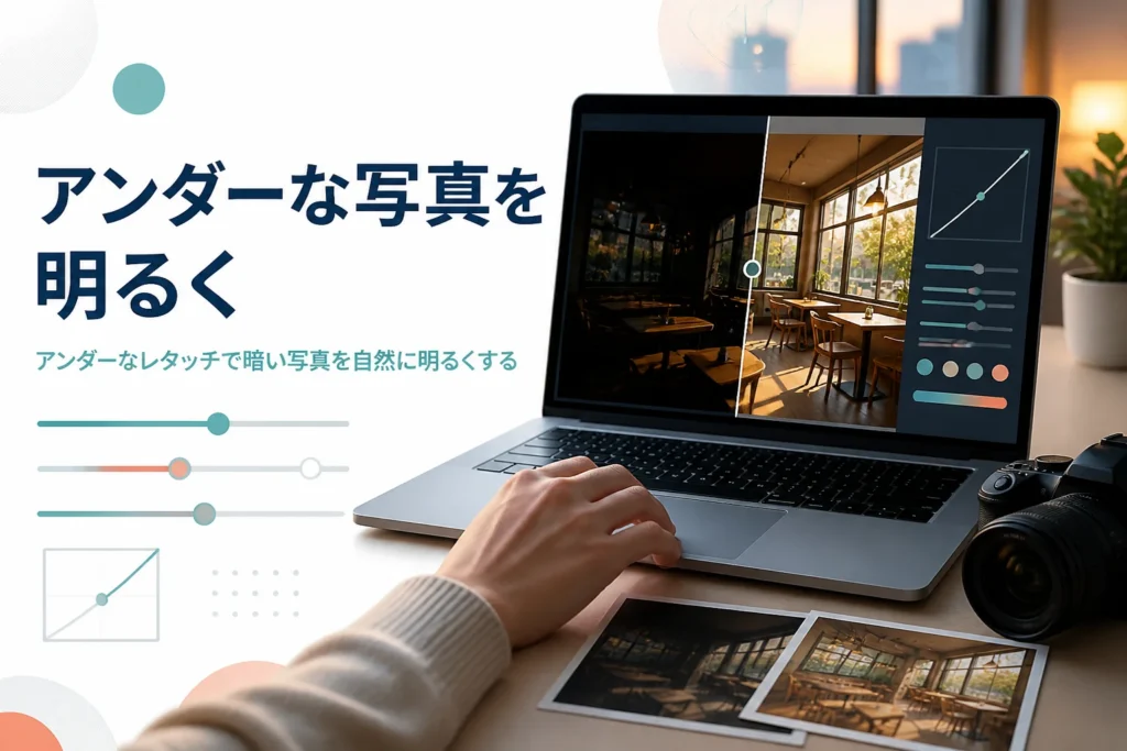 アンダーな写真のレタッチを紹介する記事のアイキャッチ。暗く写った写真を明るく整えている手元