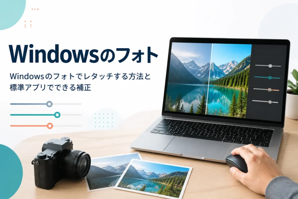 Windowsのフォトでレタッチする方法を紹介する記事のアイキャッチ。風景写真を表示したノートパソコンとマウスを持つ手元