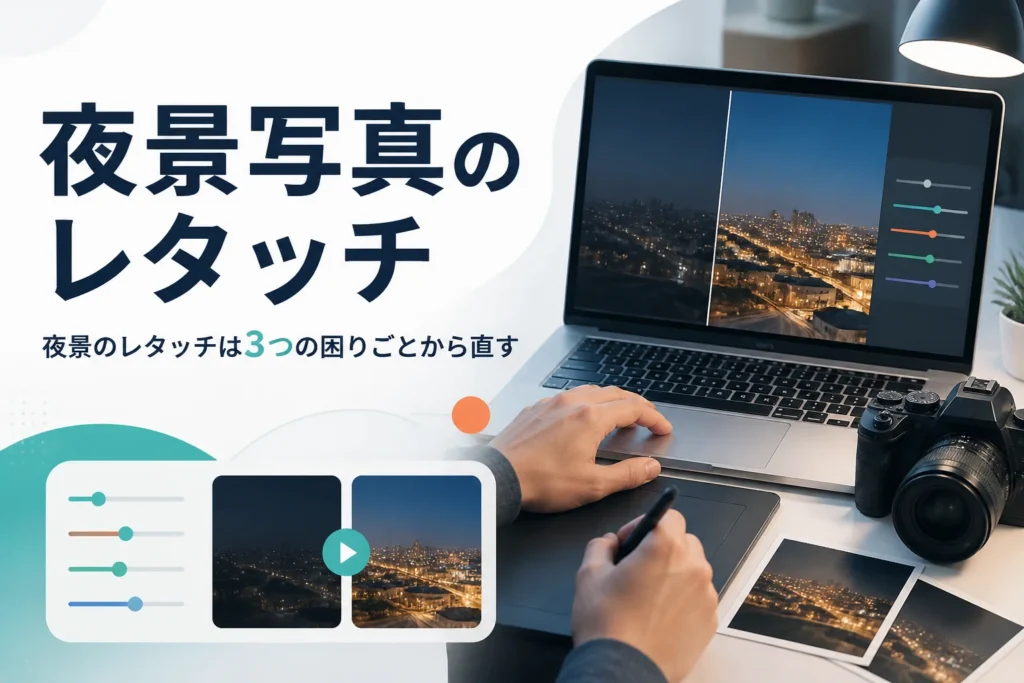夜景写真のレタッチを紹介する記事のアイキャッチ。街の夜景写真を表示したノートパソコンとカメラの手元